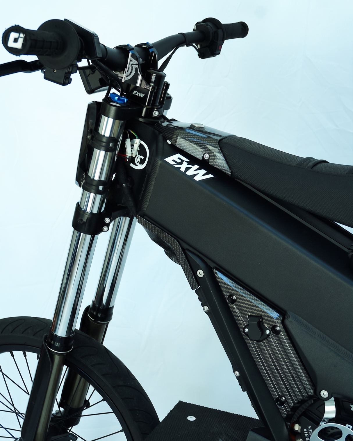 Full frame talaria x3 with white background, stock bike with chrome fork wraps installed