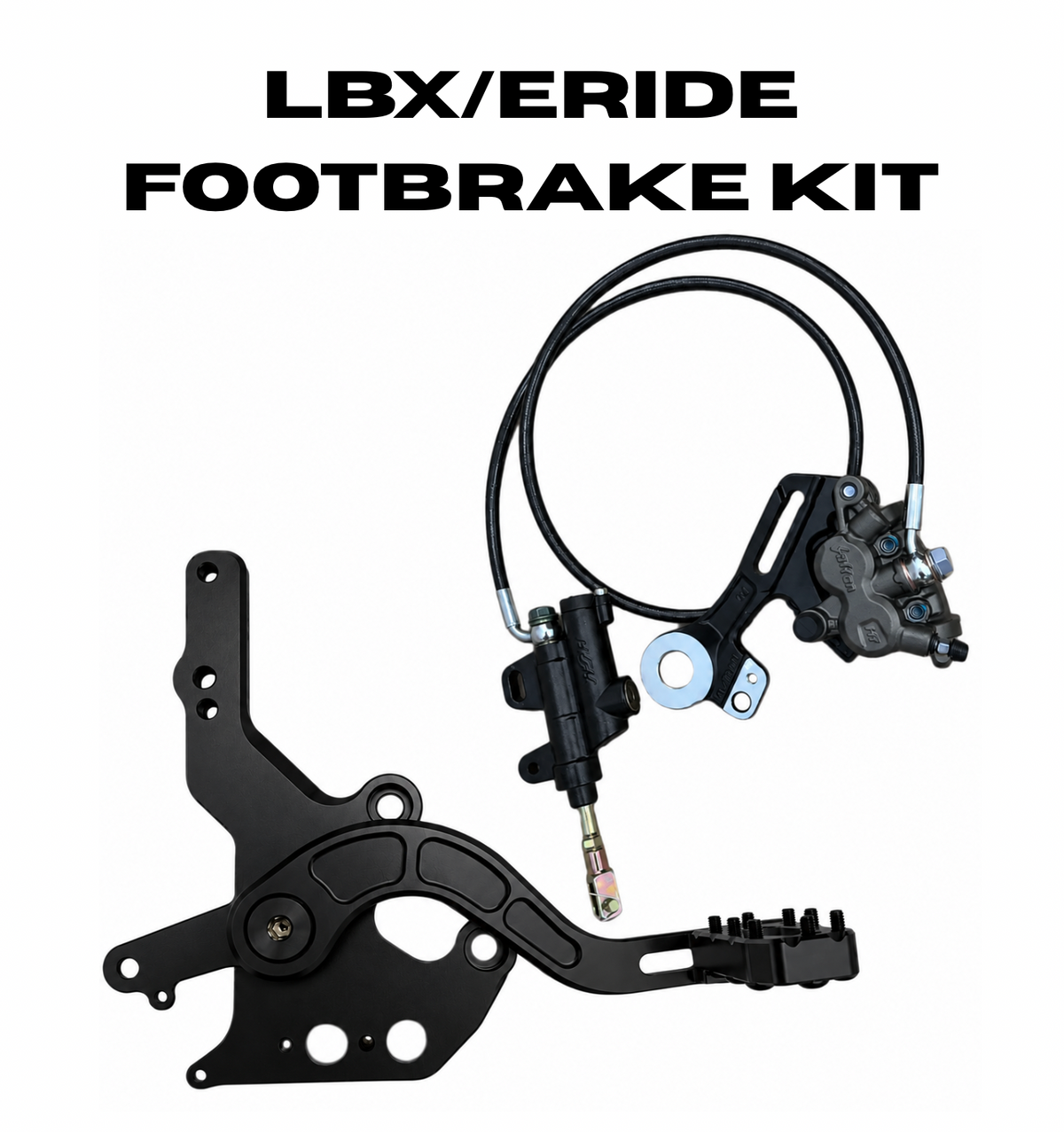 Surron LBX and E-Ride moto footbrake kit showing pedal, master cylinder, brake line and caliper