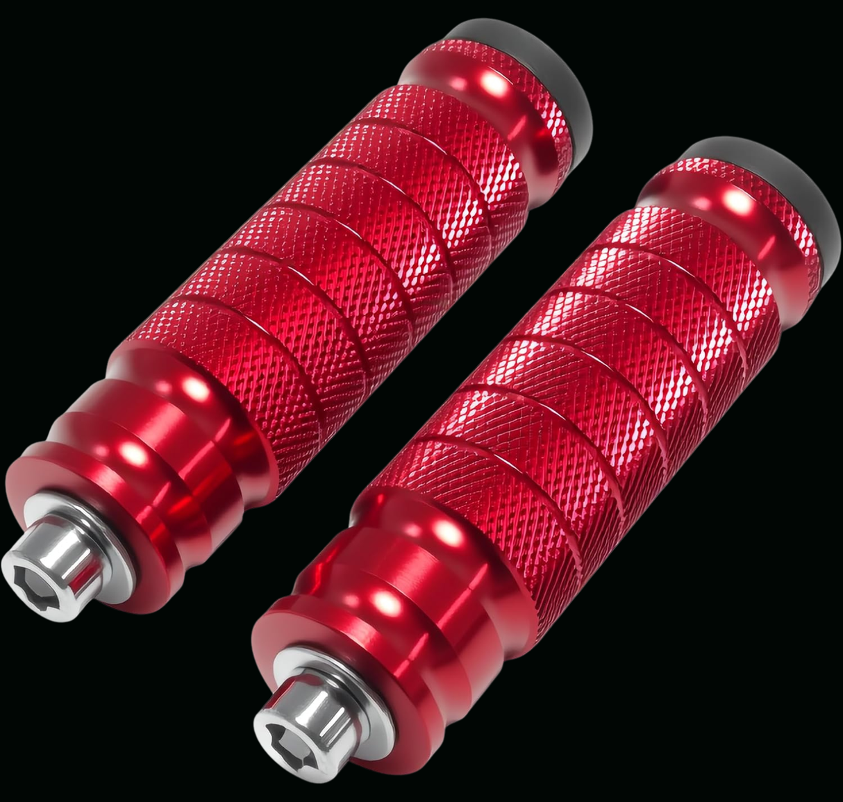 A pair of red anodized motorcycle handlebar pegs with knurled textured grips and silver metal end fittings, shown against a solid black background.