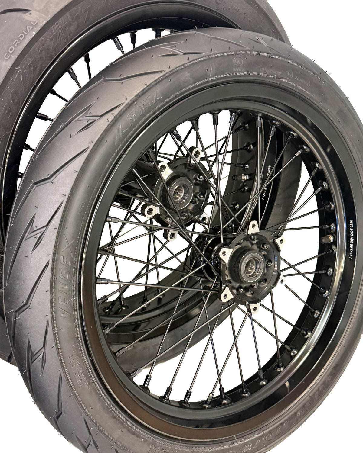 Talaria Komodo 17-inch supermoto wheelset in black with street tires