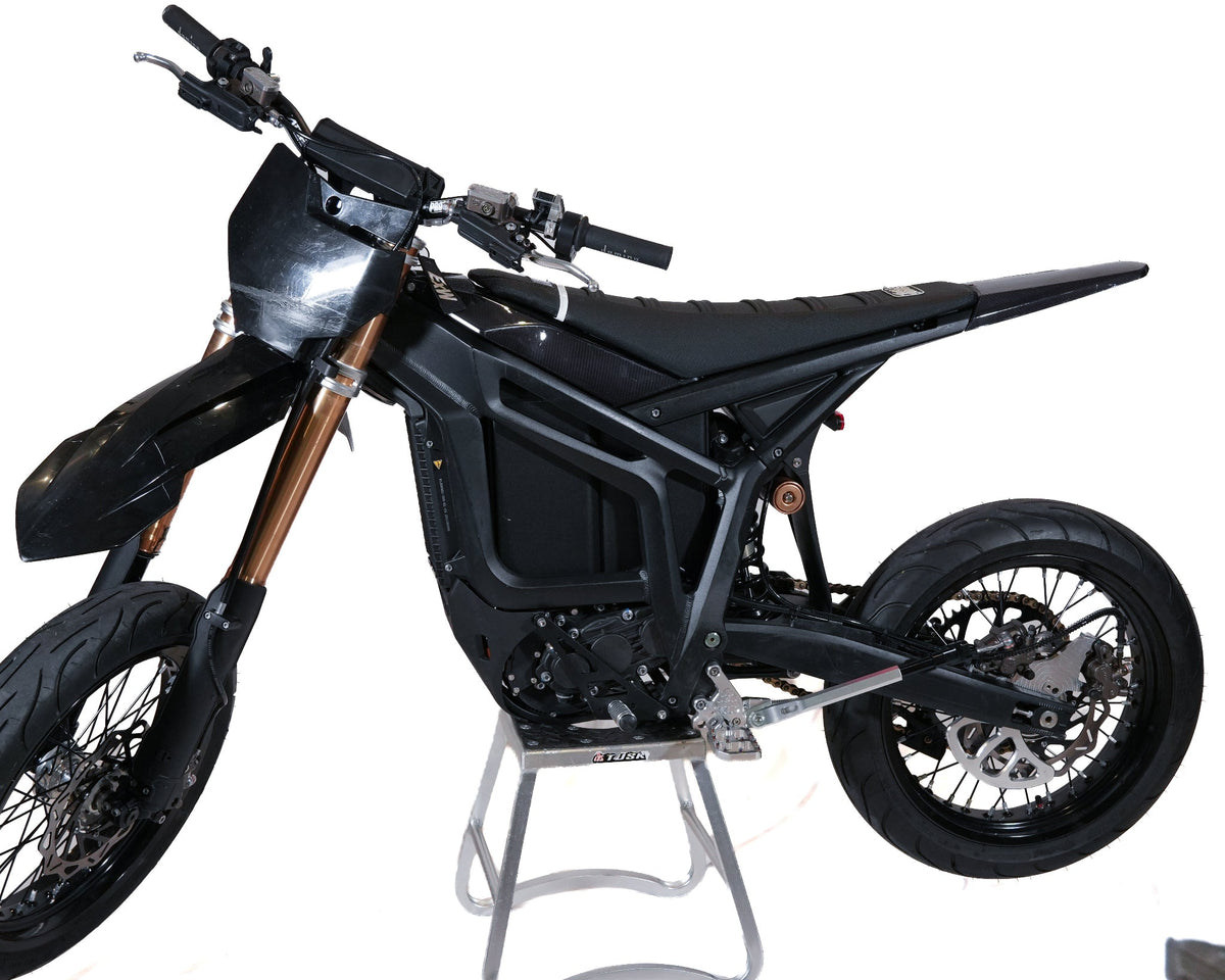 Talaria Komodo with 17-inch supermoto wheels installed for street riding