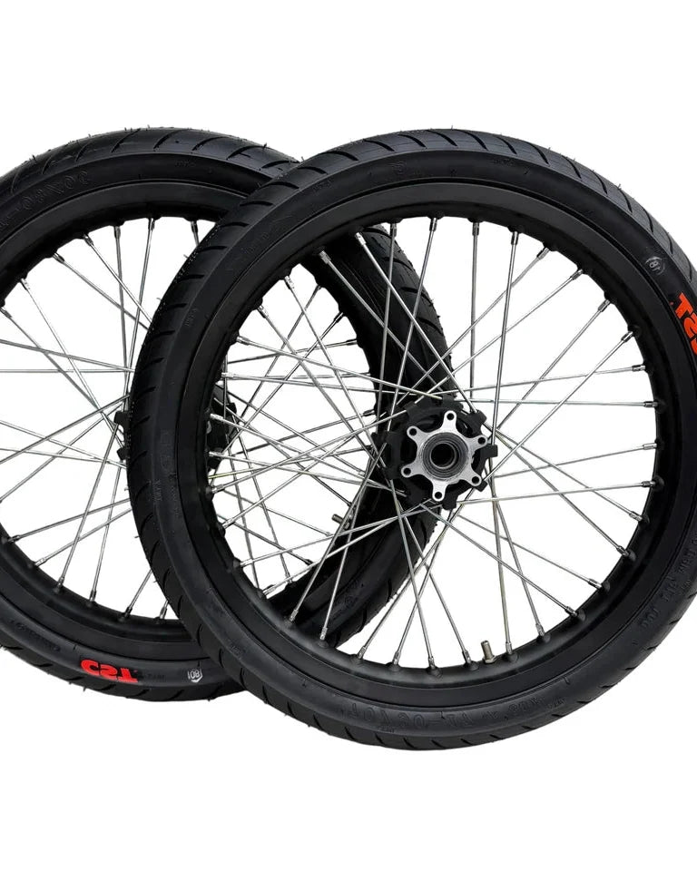 Black Talaria Sting MX5 17-inch supermoto wheelset with street tires