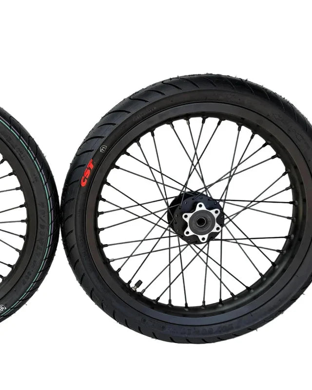 17 x 2.15 rear supermoto wheel with 90/80-17 street tire for Surron and E-Ride
