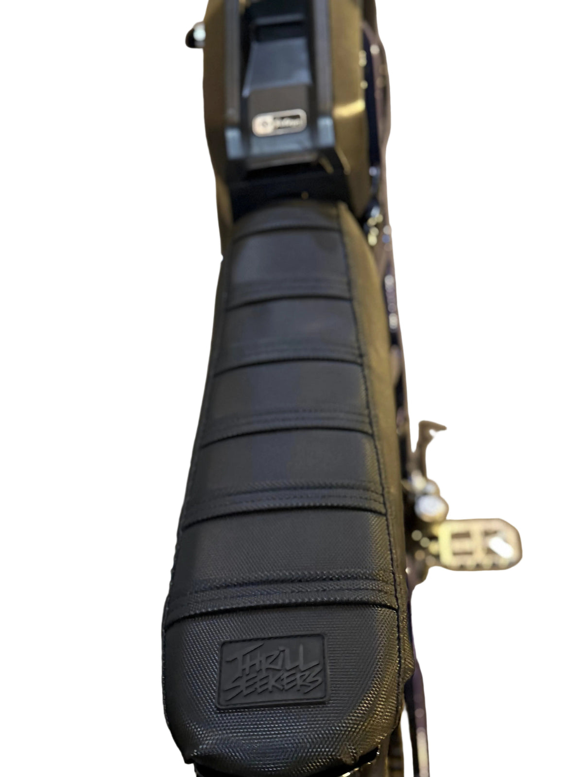Extended Surron LBX seat installed with an aftermarket Thrill Seekers cover