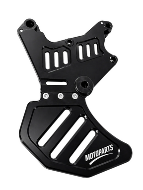 Dual caliper mounting bracket with attached brake disc guard