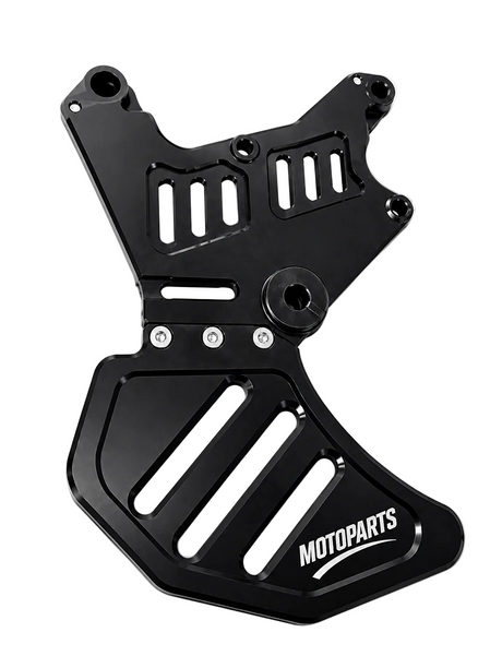 Dual caliper mounting bracket with attached brake disc guard