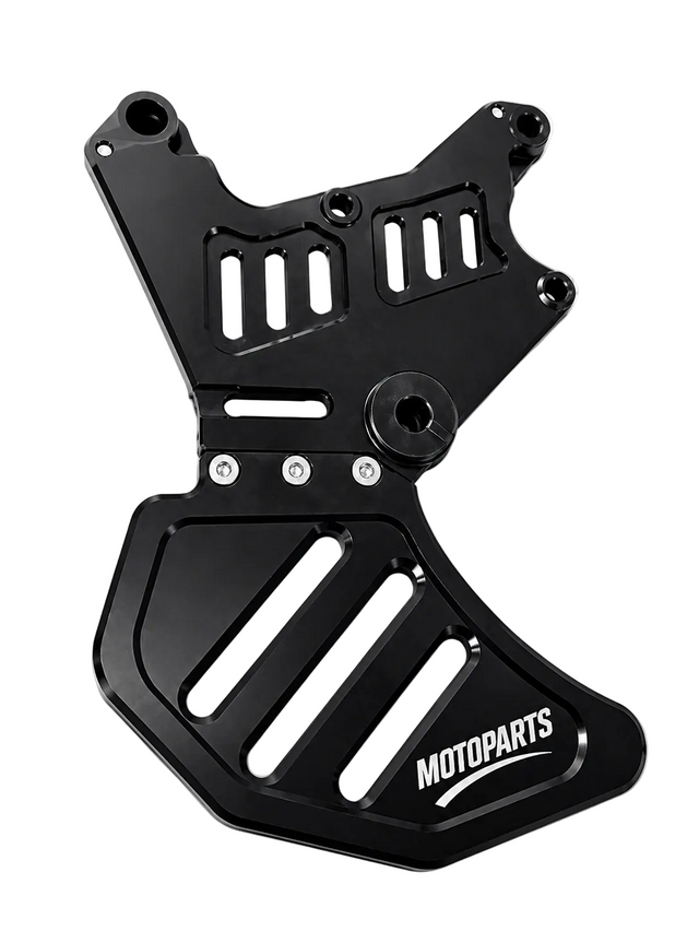 Dual caliper mounting bracket with attached brake disc guard