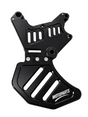Dual caliper mounting bracket with attached brake disc guard