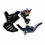Moto footbrake pedal, brake caliper and mounting brackets