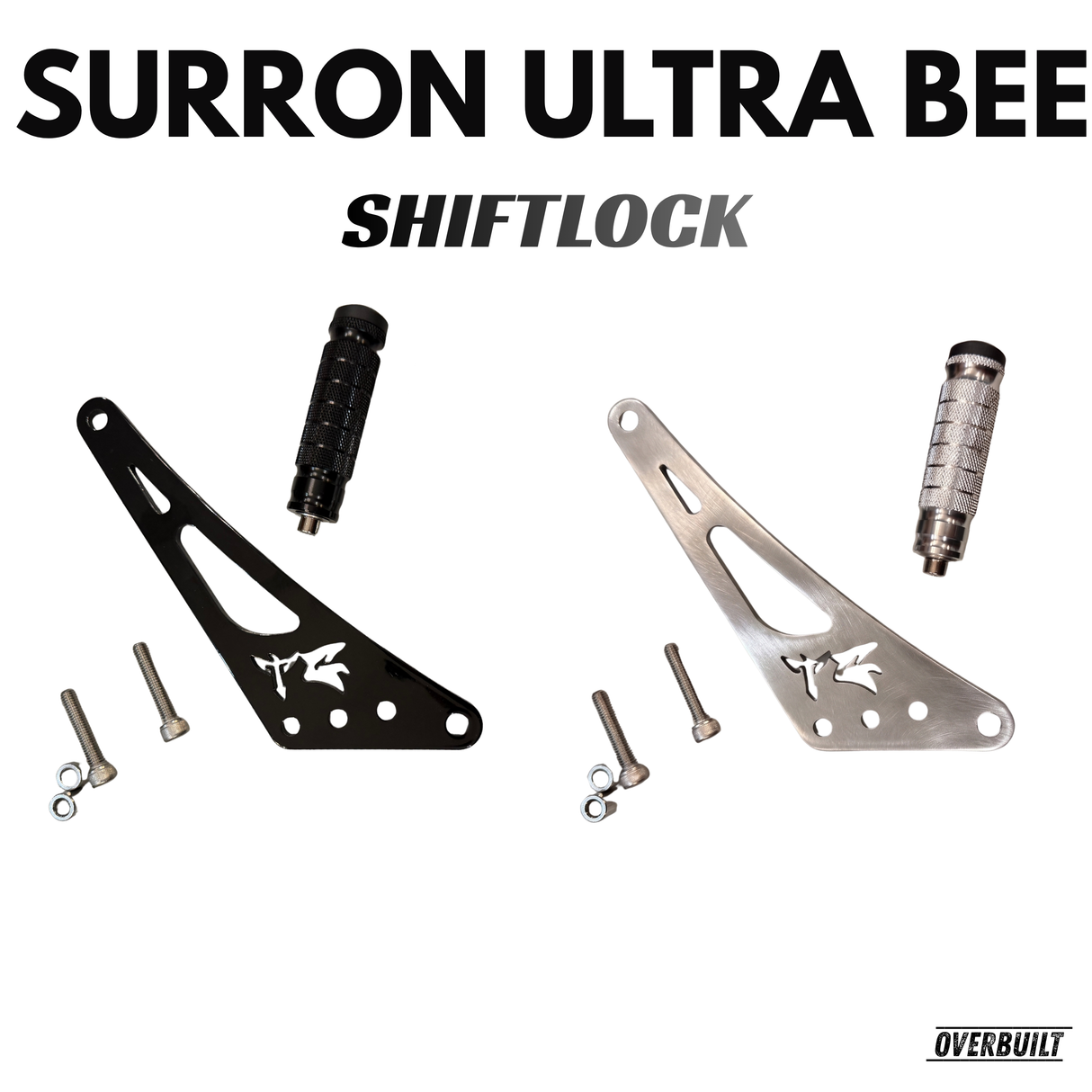 Top view of shift/foot lock with a white background showcasing both colors, and all hardware and bolts and spacers included, with the pegs for the shift lock done as well. Gloss black and chrome shift locks