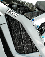 	Black Forged carbon battery wrap installed on e-bike, reflective camo finish