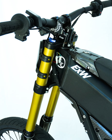 Gold fork wraps back view installed on bike talaria xxx surron lbx surorn ultra bee