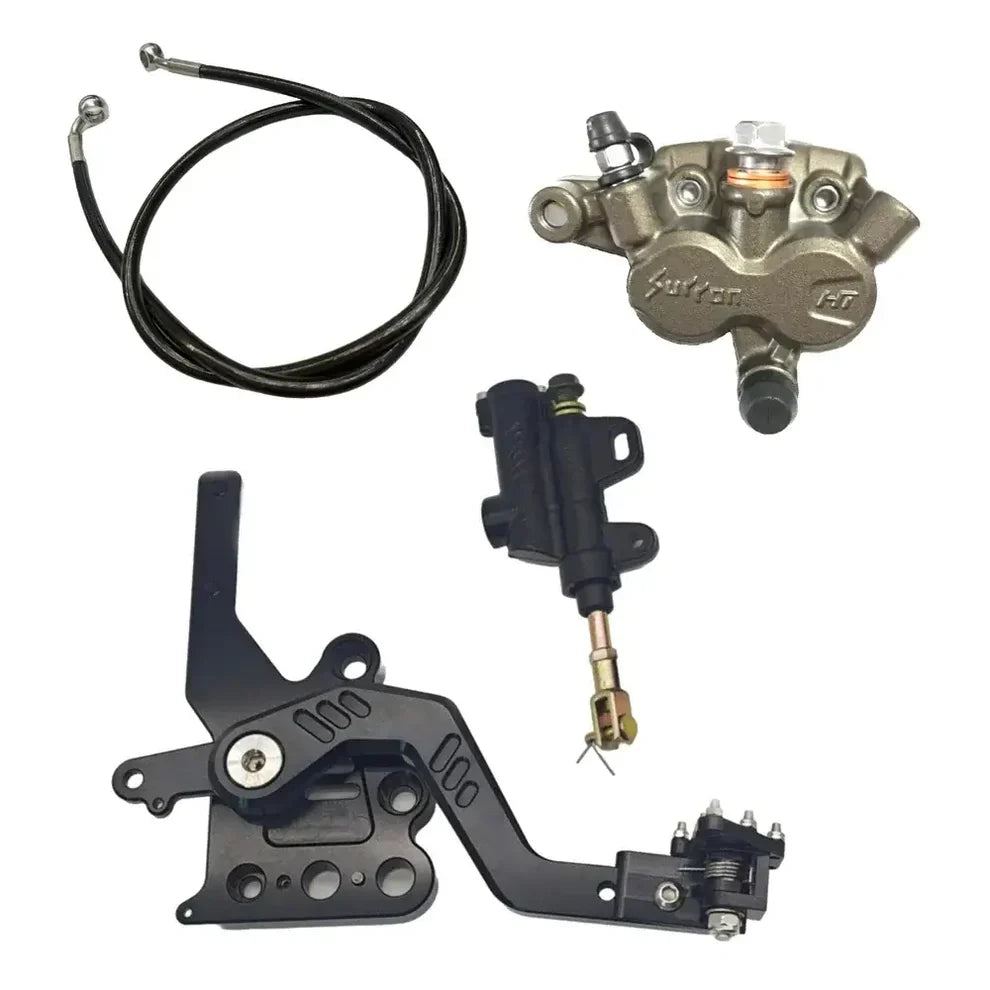 Talaria footbrake components showing CNC mounting plate and adjustable pedal tip