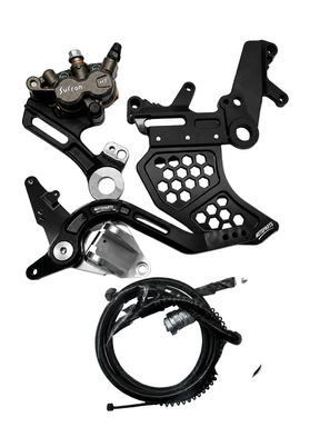 Surron Ultra Bee footbrake kit with OEM caliper, brake pedal, mounting components and brake line