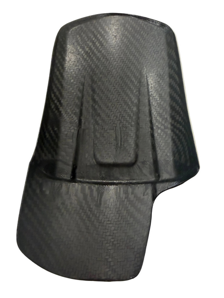 A black carbon fiber textured  surron light bee x carbon mud guard, shown from the rear against a plain white background. back view / rear view of the mud guard
