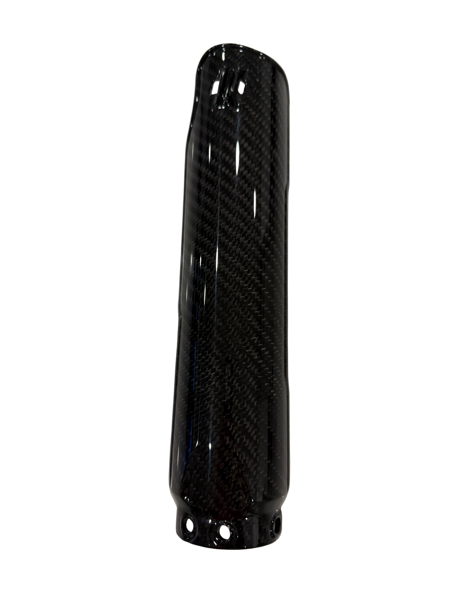 A glossy black carbon fiber surron lbx fork guard with a visible woven carbon pattern, shown upright against a plain white background.