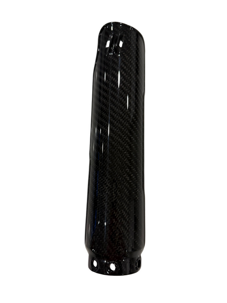 A glossy black carbon fiber surron lbx fork guard with a visible woven carbon pattern, shown upright against a plain white background.