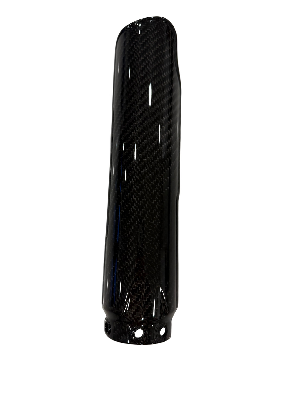 A glossy black carbon fiber surron lbx fork guard with a visible woven carbon pattern, shown upright against a plain white background.