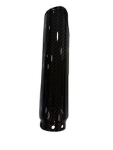 A glossy black carbon fiber surron lbx fork guard with a visible woven carbon pattern, shown upright against a plain white background.