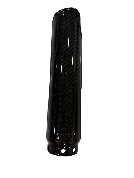 A glossy black carbon fiber surron lbx fork guard with a visible woven carbon pattern, shown upright against a plain white background.