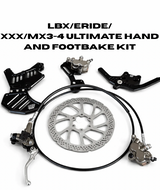 Moto handbrake and footbrake kit showing rotor, calipers, brake lines and mounting components
