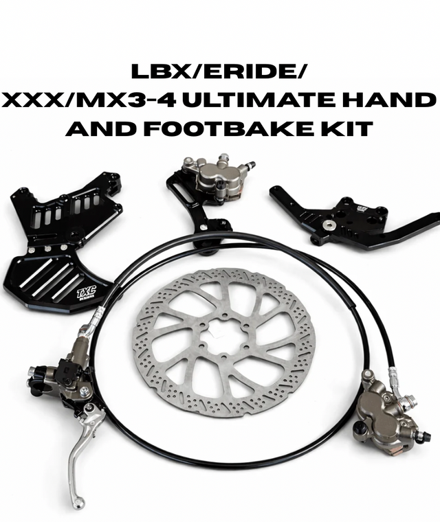 Moto handbrake and footbrake kit showing rotor, calipers, brake lines and mounting components