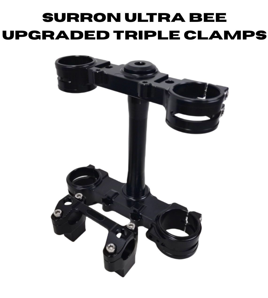 Surron Ultra Bee triple clamp assembly showing steering stem and handlebar mount