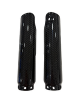 A pair of glossy black carbon fiber fork guards with a visible woven carbon pattern, shown against a plain white background.