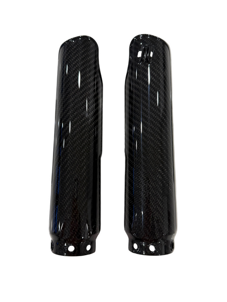 A pair of glossy black carbon fiber fork guards with a visible woven carbon pattern, shown against a plain white background.