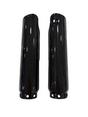 A pair of glossy black carbon fiber fork guards with a visible woven carbon pattern, shown against a plain white background.