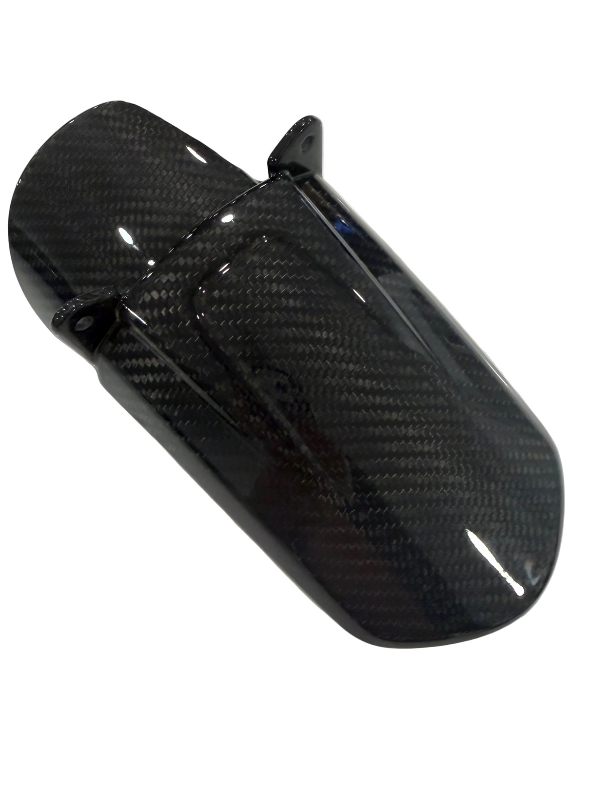 A glossy black carbon fiber surron LBX mud guard with a visible woven carbon fiber pattern, isolated on a white background.