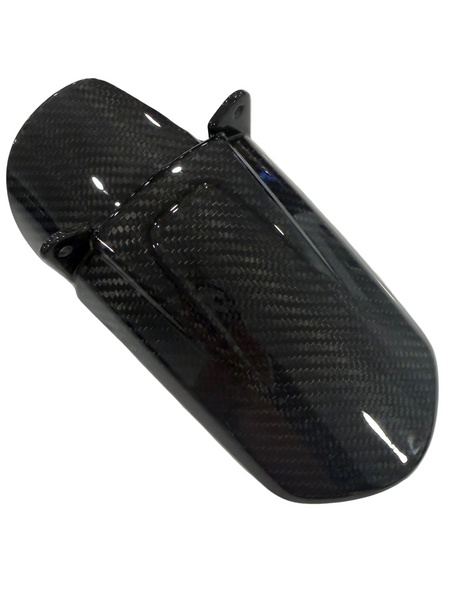 A glossy black carbon fiber surron LBX mud guard with a visible woven carbon fiber pattern, isolated on a white background.