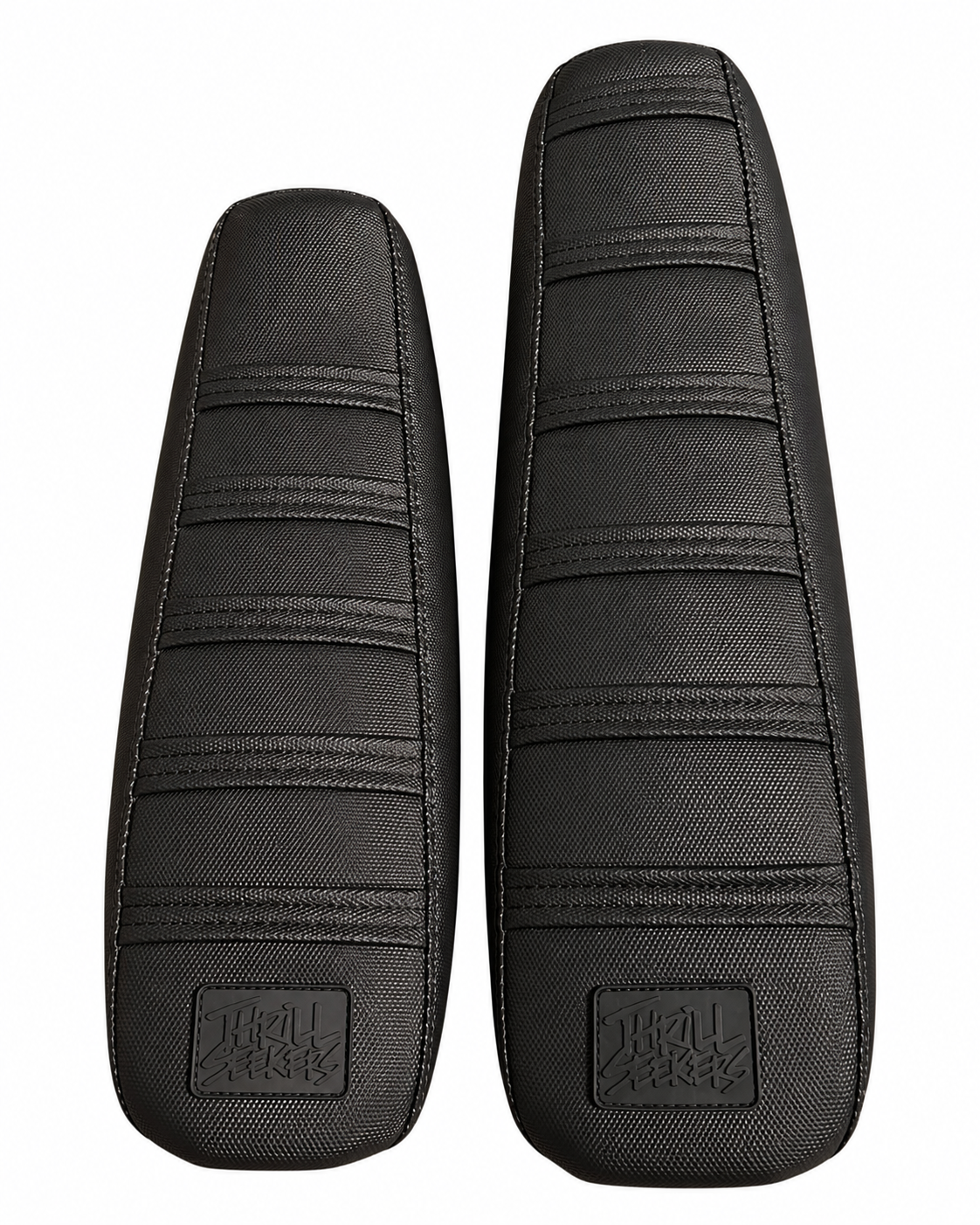 Shorter and extended Surron LBX seats shown side by side with aftermarket covers