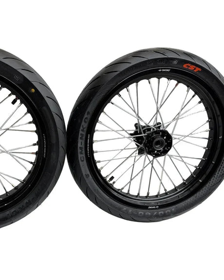 Black Surron Ultra Bee 17 x 2.50-inch front supermoto wheel and CST tire