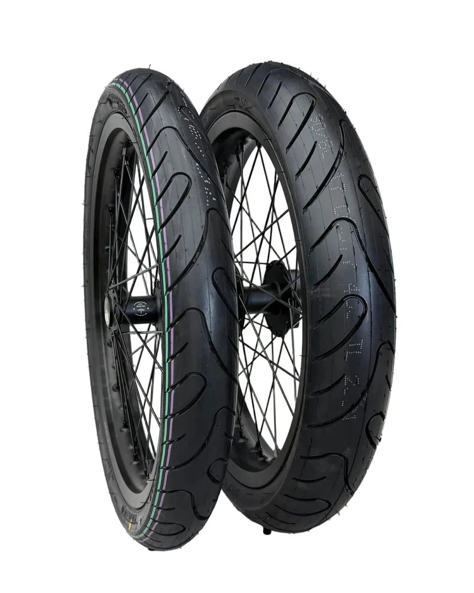 E-moto with 17-inch supermoto wheels installed for paved street riding