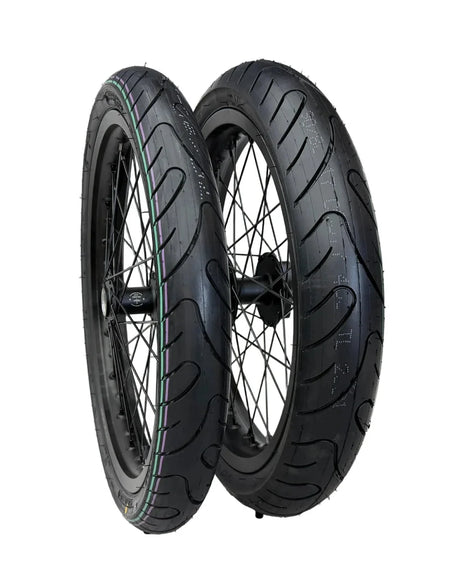 E-moto with 17-inch supermoto wheels installed for paved street riding
