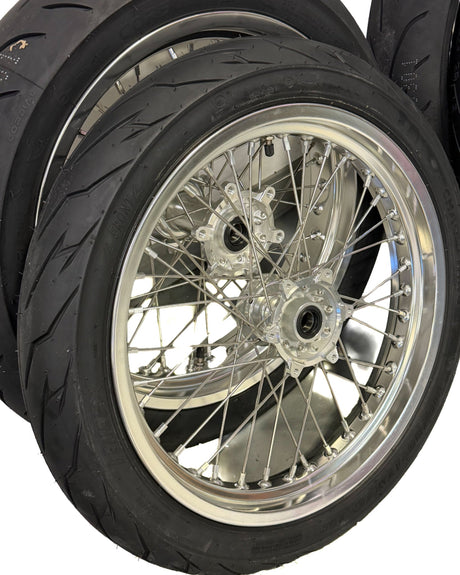 Silver Talaria Komodo 17-inch supermoto wheels with street tires